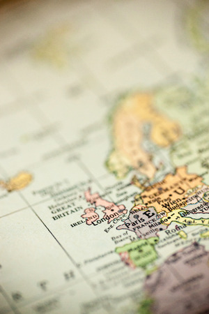 London and Paris are seen on a vintage map.の写真素材