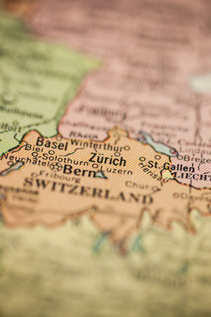 Zurich and Bern, Switzerland are the points of focus on a vintage map.の写真素材