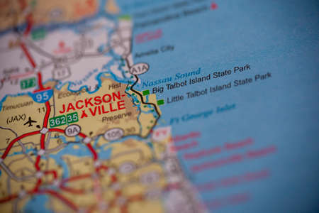 WOODBRIDGE, NEW JERSEY - July 13, 2020: A map of Florida is shown with a focus on Jacksonvilleのeditorial素材
