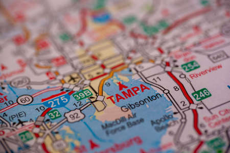 WOODBRIDGE, NEW JERSEY - July 13, 2020: A map of Florida is shown with a focus on Tampa.のeditorial素材
