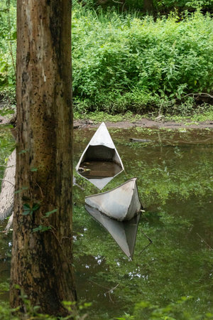 A damaged and partially submerged canoe in a stream during summerの写真素材