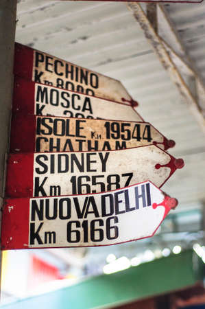 ancient signs with marked distances from the main cities of the world Beijing Moscow Sydney Cape Townの写真素材