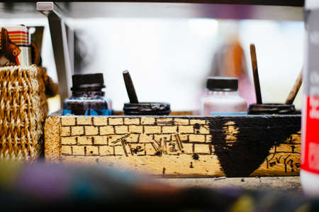 interior repair shop and shoe creation, shoe glue jarsの写真素材