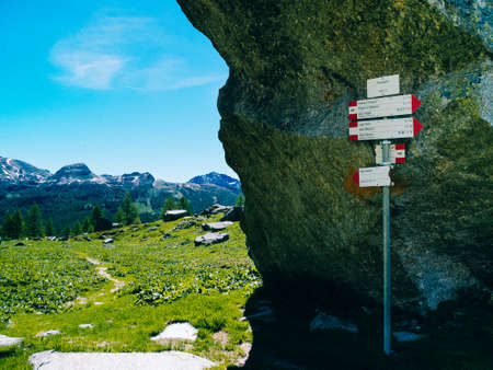 signs of the mountain paths of the Alpe devero on a sunny day, Alpi Lepontine, summer mountain landscapeの写真素材
