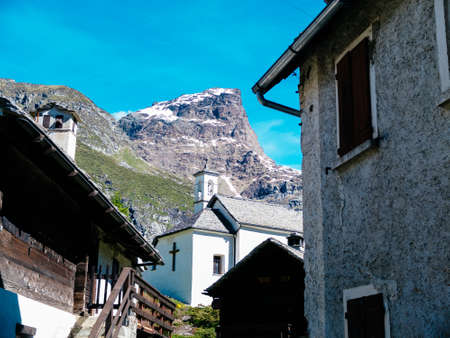 Small italian mountain village of Alpe devero, Lepontine Alps, summer mountain landscapeの写真素材
