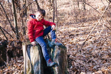 portrait of child in the forest on the background of trees in winter and autumn seasonの写真素材