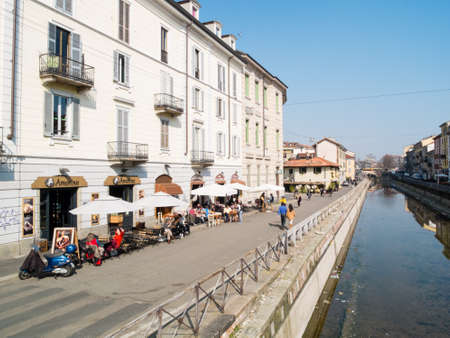 MILAN-ITALY-03 12 2014, Navigli area water canal passes through the city of Milan, Milan's Navigli are a system of irrigation and navigable canals,のeditorial素材