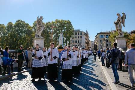 ROME-ITALY-24 10 2015, religious procession through the streets of Rome and the Vatican priests,...