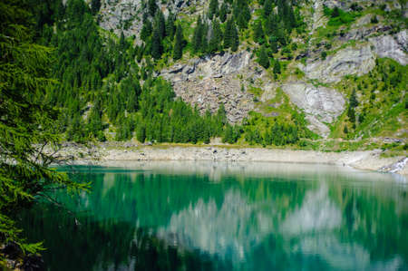 alpine high mountain lake, coniferous woods are reflected in the water, Antrona valley Campliccioli lake, Italy Piedmontの写真素材