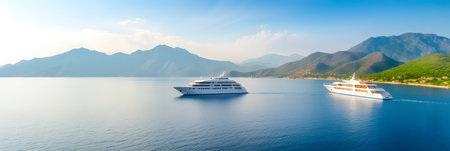 Cruise ship in the sea. Panoramic view of the sea.の素材
