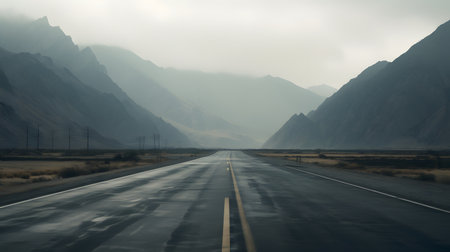 Road in the desert with mountain in the background and foggy skyの素材