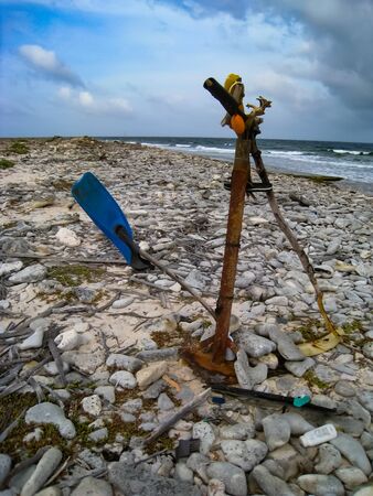 Sculptures made from marine debris are a common sight along the island of Bonaire's eastern coast.  Non-biodegradable plastics travel from South America and are a serious threat to marine life.の写真素材