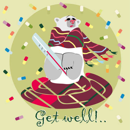Get well card with ill polar bear and pillsのイラスト素材