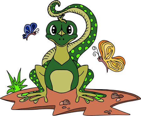 Cheerful lizard with butterflyes. Cartoon characters isolated on whiteのイラスト素材