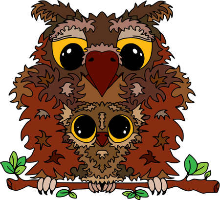 Owl icon, owls mom and child isolated on white, owl isolated, parent and child, birds isolated, isolated, cartoon, character illustrationのイラスト素材