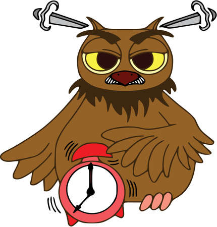 Owl in the morning with alarm clock. Cartoon characters, isolated, wildlife.のイラスト素材