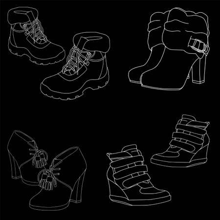 Footwear for women on black background - contour set. Vector illustration.のイラスト素材