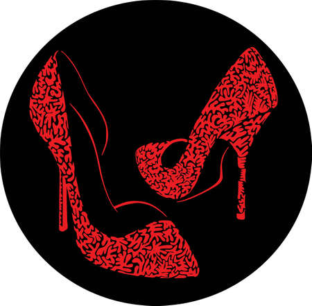 Ladies shoes colored set - different stiletto, openwork black and red . Isolated, fashion, white backgroundのイラスト素材