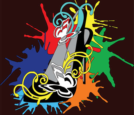 Black shoe with white butterflies on colored pain drops background. Art, fashion, clothes.のイラスト素材