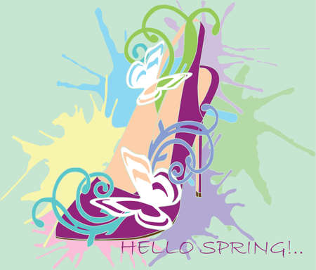 Fucksia shoe with white butterflies on colored paint drops background. Art, fashion, clothes.のイラスト素材