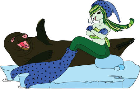 A mermaid frozen near laughing walrus. Seasons, cartoon characters, isolated, white background, setのイラスト素材
