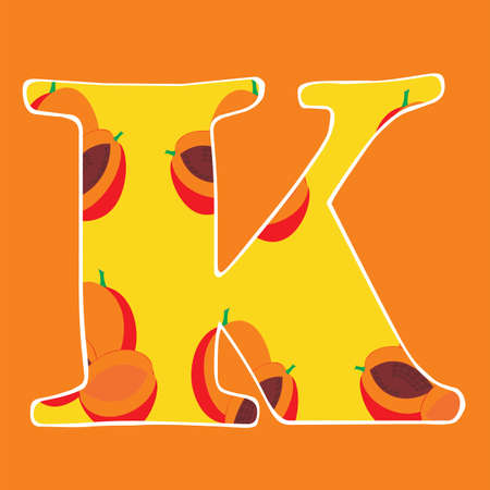 Alphabet with peach. Letter K. Isolated, flat, text, letters isolated, fruitsのイラスト素材