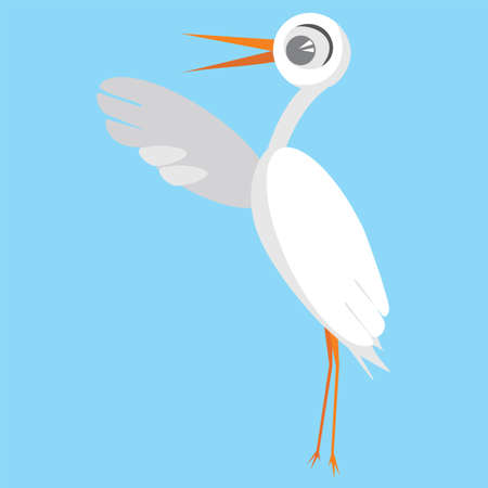 Set of birds, stork. Cute bird with raised wing. Cartoon characters, isolated on blue background, flat styleのイラスト素材