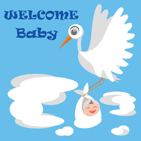 Welcome baby, greeting card with stork and baby. Bird, baby, flat style, textのイラスト素材