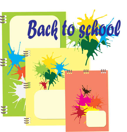 Back to school - set of notebooks with paint blot and text. Isolated, white background, school supplies, objects, toolsのイラスト素材
