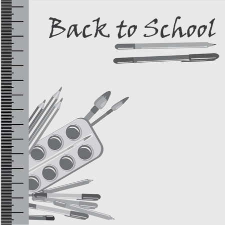 Back to school - sale, set of school supplies and text. Isolated, white background, school supplies, objects, tools, grayscaleのイラスト素材