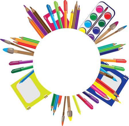 Back to school blank round banner with school suplies background. Isolated, objects, educationのイラスト素材