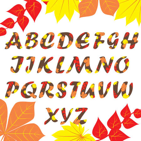 Autumn pattern alphabet. Set of letters, isolated on white, full set.のイラスト素材