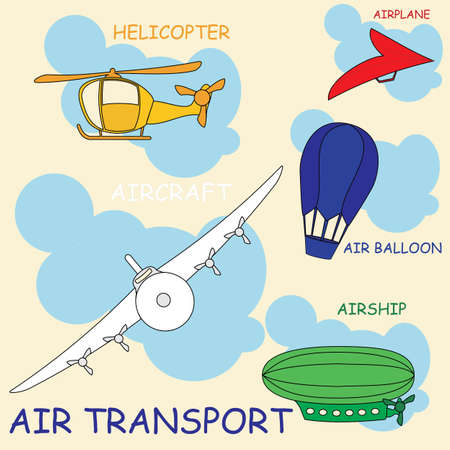 Air transport in the sky, multicolored vector icons on beige background with text. Icons isolated, setのイラスト素材