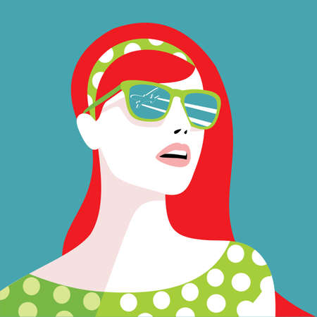People, cartoon characters. Advertising illustration. Flat style, colorful pattern. Sky and plane, girl in glasses.のイラスト素材