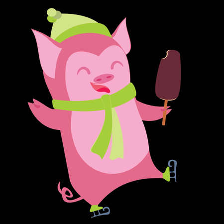 Funny pig characters. Cartoon winter illustration of farm animals life in various action. Pose vector design. Eating ice cream.のイラスト素材