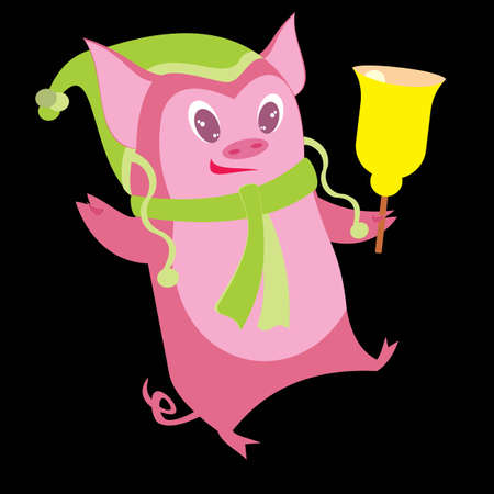 Funny pig characters. Cartoon winter illustration of farm animals life in various action. Pose vector design. Ringing bell.のイラスト素材