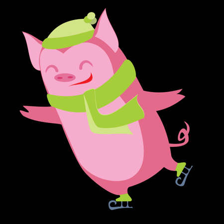 Funny pig characters. Cartoon winter illustration of farm animals life in various action. Pose vector design. Skates.のイラスト素材