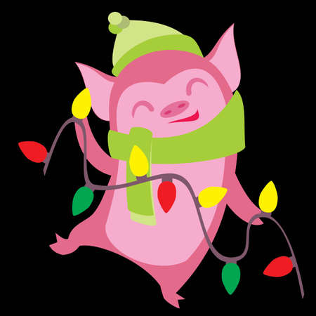 Funny pig characters. Cartoon winter illustration of farm animals life in various action. Pose vector design. With garland.のイラスト素材