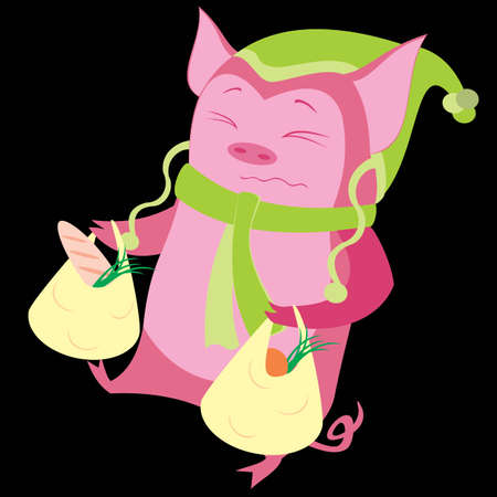 Funny pig characters. Cartoon winter illustration of farm animals life in various action. Pose vector design. Shopping.のイラスト素材