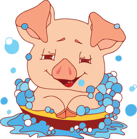 Cartoon pig set. Funny pig icons and action, cute animal poses vector isolated symbol illustration. Taking bath, colorful pattern.のイラスト素材