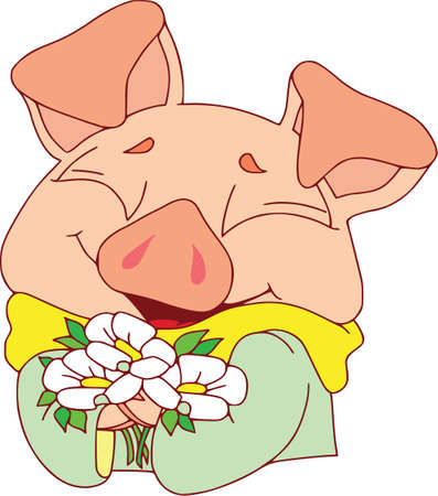 Cartoon pig set. Funny pig icons and action, cute animal poses vector isolated symbol illustration. Spring mood, flowers and happy smile.のイラスト素材