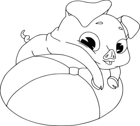 Cartoon pig set. Funny pig icons and action, cute animal poses vector isolated symbol illustration. Contour pattern, coloring outline. Sports with fitness ball.のイラスト素材