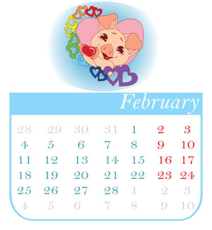 Stylized hand-drawn monthly 2019 calendar with funny pigs. Cartoon characters, template, design calendar planner pages, vector layout. February.のイラスト素材