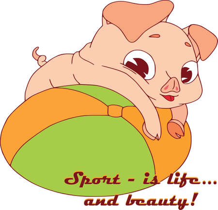 Cartoon pig set. Funny pig icons and action, cute animal poses vector isolated symbol illustration, text. Fitness with ball.のイラスト素材