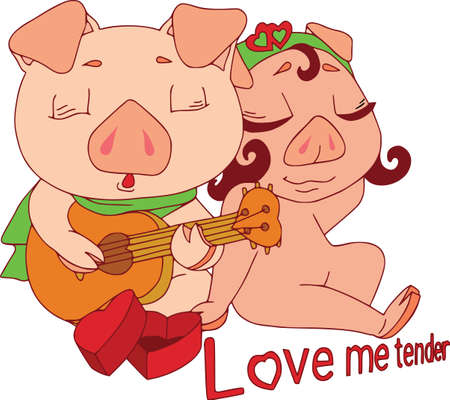 Cartoon pig set. Funny pig icons and action, cute animal poses vector isolated symbol illustration. Enamored pigs with guitar.のイラスト素材