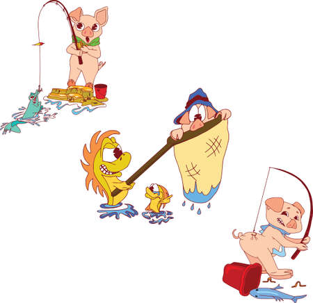 Funny pig, fishing set. Cute animal icons and action, funny animal poses vector isolated symbol illustration. Little set, fishing.のイラスト素材