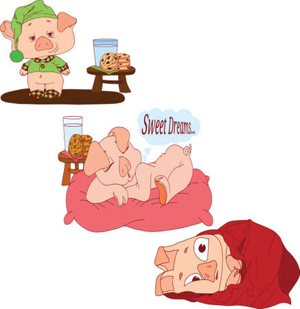 Funny pig, sleepy set. Cute animal icons and action, funny animal poses vector isolated symbol illustration. Little set, sleepyのイラスト素材