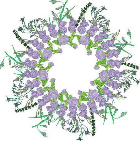 Vector flowers set. Beautiful wreath with eustoma and grass blades. Elegant floral collection,, hand drawn, botanical doodle. Design for invitation, wedding or greeting cards.のイラスト素材