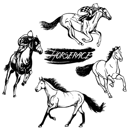 Set of hand drawn sketch style horses and jockeys on horses. Vector illustration isolated on white background.のイラスト素材