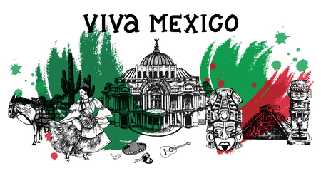 Set of hand drawn sketch style Mexican themed objects. Vector illustration isolated on white background.のイラスト素材